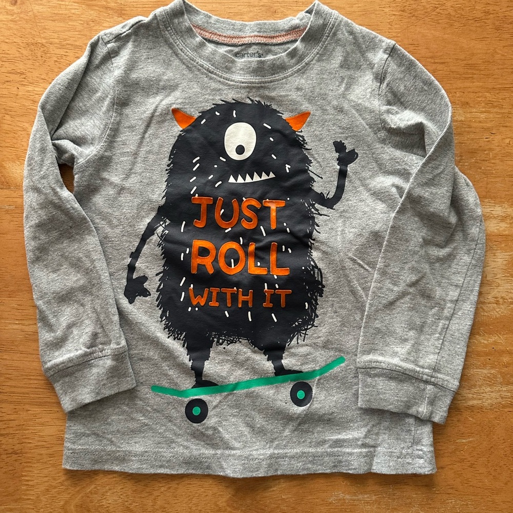 Carter's Gray and Orange Long Sleeve Tee with Monster Graphic